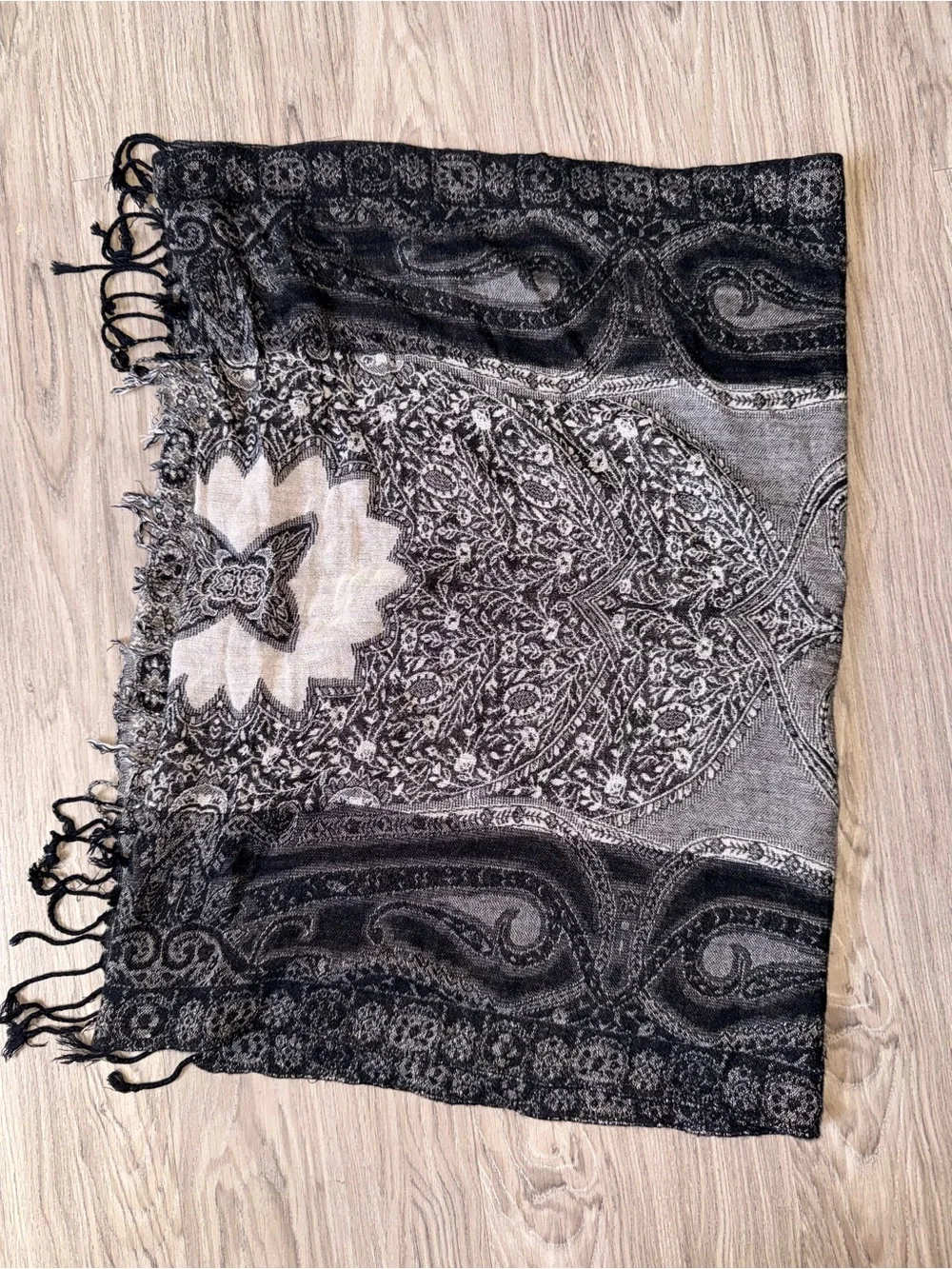 Black Gray Paisley Fringe Wrap Scarf whimsical gothic rave